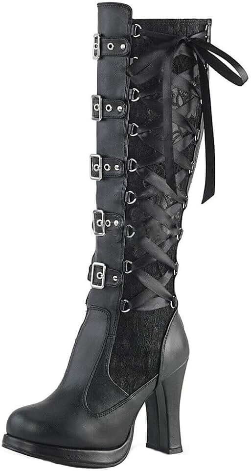Kniehohe Stiefel Frauen High Heels Blockabsatz Plateau Stiefel Leder Schnürstiefel Steampunk Gothic Vintage Cosplay