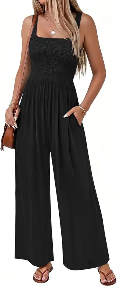 Sleeveless Jumpsuits for women Summer Boho Jumper Smocked Wide Leg Romper