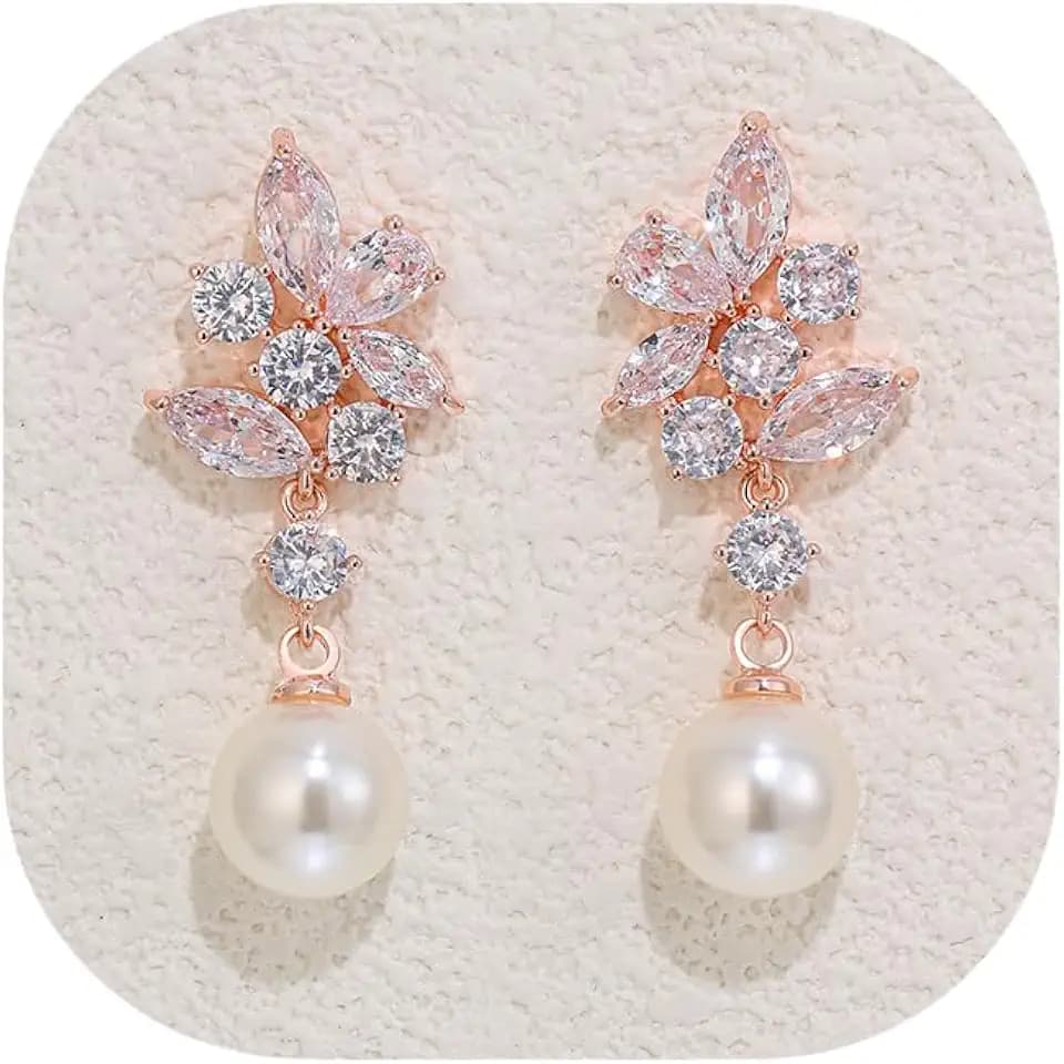 Crysdue Simulated Pearl Earrings for Women, Dainty Silver/Gold/Rose Gold Plated Cubic Zirconia Drop Dangle Earrings Wedding Jewelry for Bride Bridesmaid