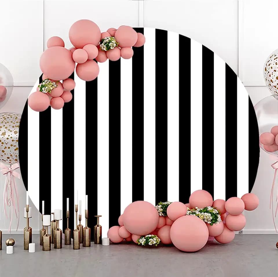 Laeacco 7.2x7.2ft Black and White Stripes Round Backdrop Cover Polyester Stripes Circle Backdrop Black Striped Newborn Baby Shower Birthday Party Cake Smash Decoration Portrait Photo Studio