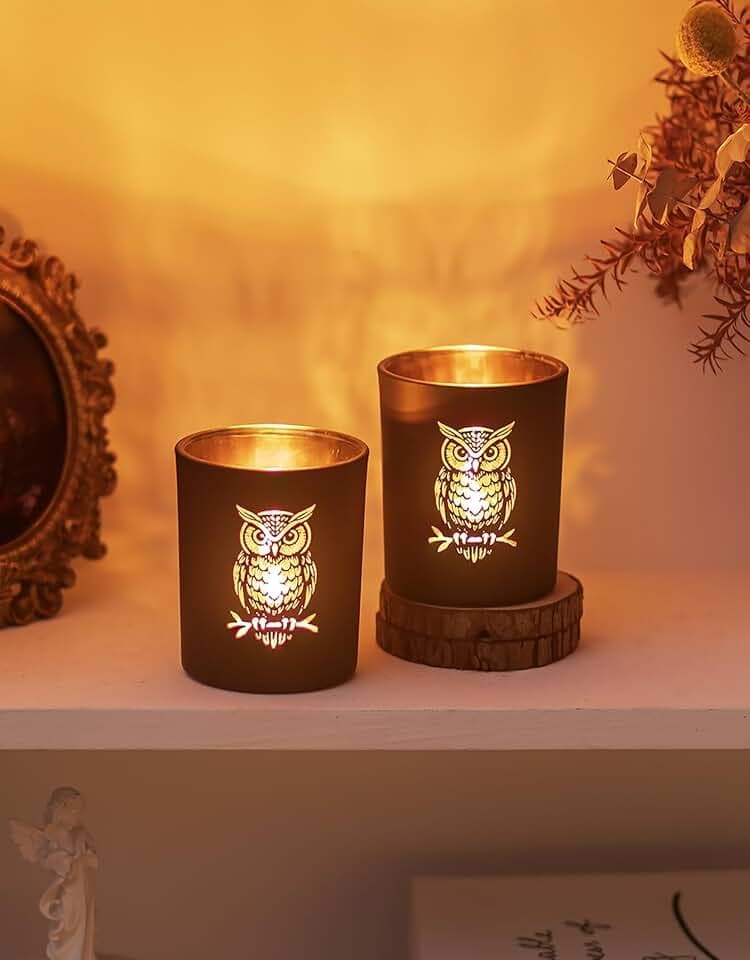 Romadedi Eulen Teelichthalter aus Glas, 2er-Set, Schwarz Gold