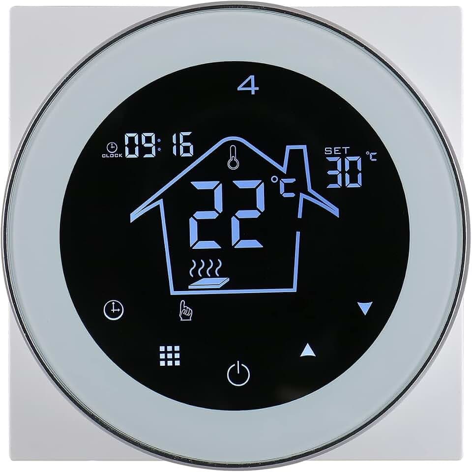 Wengart Raumthermostat Digital Programmierbar WG312,AC230V Max3A Rundes digitales LCD-Touchscreen-Display, 7-Tage-Programmierung, geeignet für Wasserheizsysteme