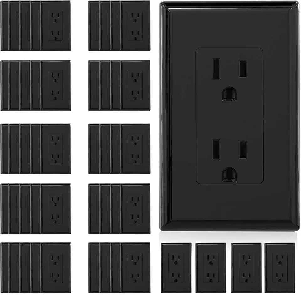 ELEGRP Decorator Receptacle, 15A 125V Standard Electrical Wall Outlet, Non-TR, 2 Pole 3 Wire, Self-Grounding Residential Grade, Screwless Wall Plate Included, UL Listed (50 Pack, Glossy Black)