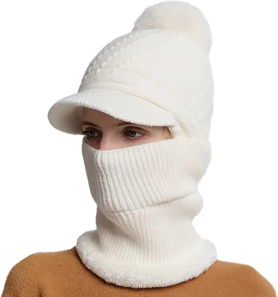 HAIMEIKANG Women Winter Balaclava Ski Hat Beanie Hats with Brim - Windproof Face Cover for Extreme Cold Weather Beanie Cap