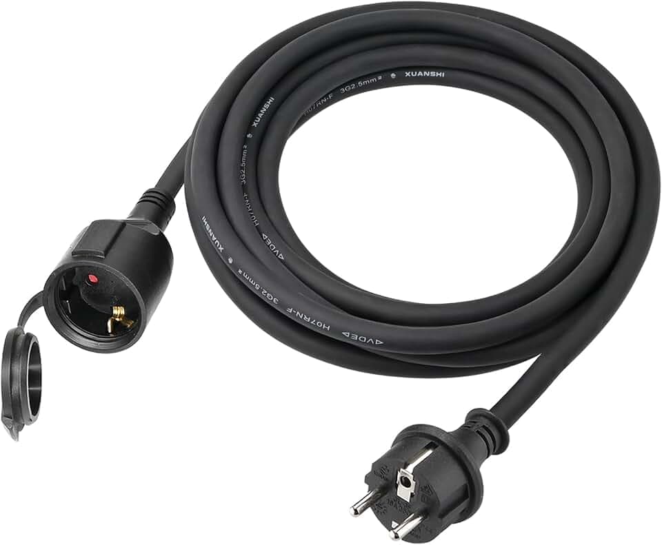XUANSHI Outdoor Verlängerungskabel 20m mit Schutzkappe H07RN-F 3G 2,5 mm² Gummi Strom Verlängerung Kabel für Außenbereich Baustellenkabel Stromkabel außen mit Schuko Stecker, 3500W, 16A 250V, Schwarz