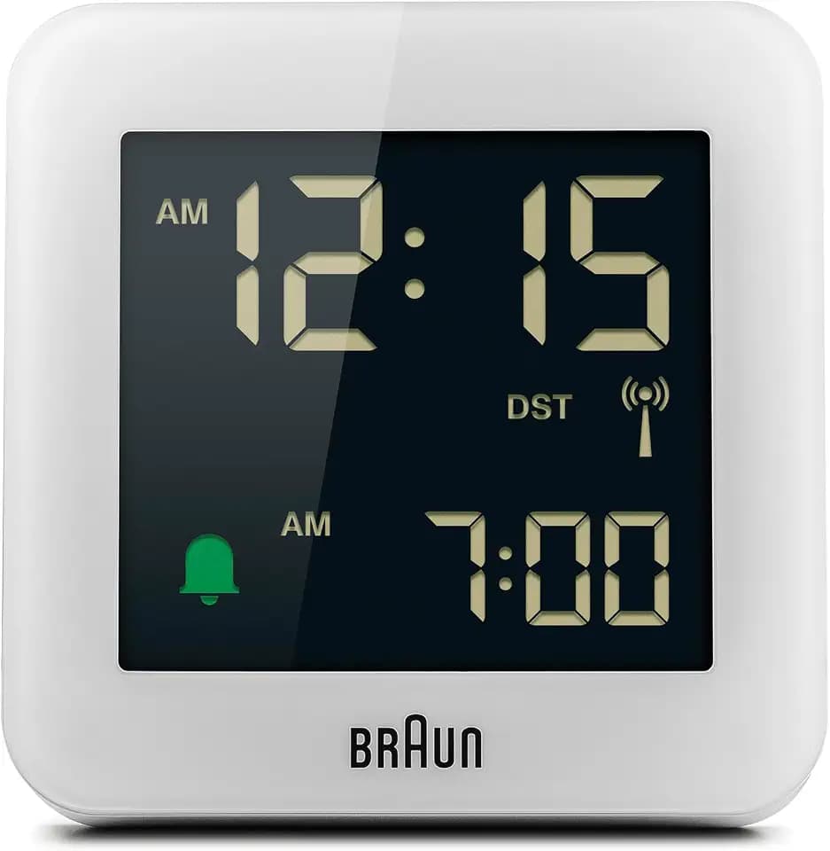 Braun Digitaler Funkwecker Mitteleuropäische Zeitzone (MEZ) mit Schlummerfunktion, Negatives LC-Display, Schnelleinstellfunktion, Crescendo-Alarm in Weiß, Modell BC09W-DCF.