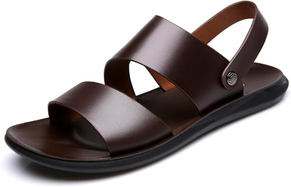 Men’s Casual Leather Slip On Flat Sandals Round Open Toe Adjustable Back Strap Lightweight Non Slip Summer Sandals for Outdoor Beach Daily
