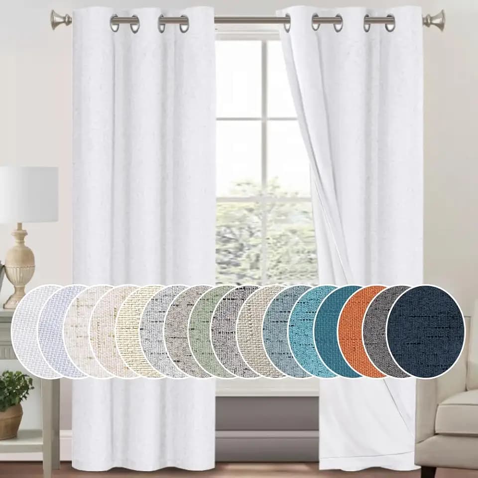 PrinceDeco Blackout Curtains 84 inch Length 2 Panels Set 100% Blackout Curtains for Bedroom Living Room Linen Textured Curtains with White Liner Grommet Room Darkening Curtains, White,W42 X L84