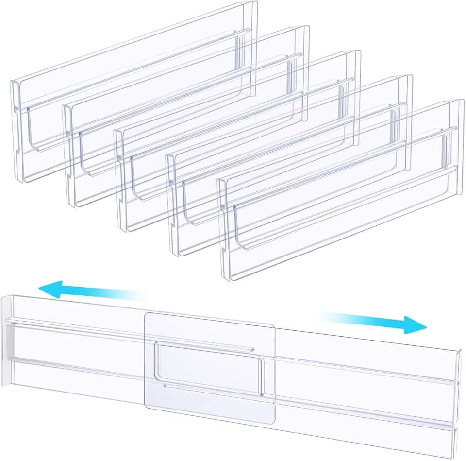 ASelected 6 Stück Kunststoff Schubladentrenner 27.5-52CM Verstellbare Schubladen aus Kunststoff Transparente Schubladentrenner für Küche Schlafzimmer Büro Schreibtisch Kommode