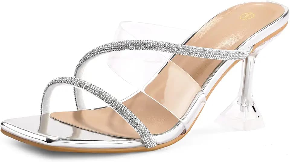 mysoft Women's Clear Heeled Sandals Square Toe Transparent Slip On Shoes