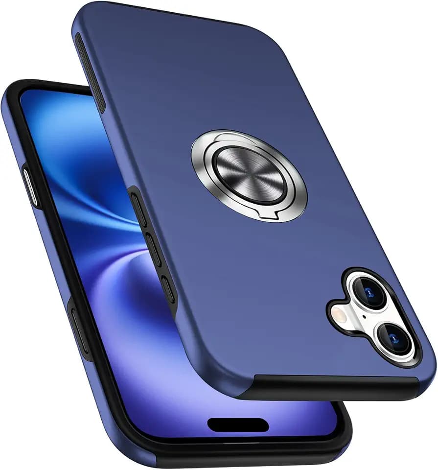 Shockproof Case for iPhone 16 6.1 inch, [Embedded Finger Ring] Military Grade Phone Case Cover with Reinforced Metal Stand Kickstand [Support Magnetic Car Holder] for iPhone 16, Blue