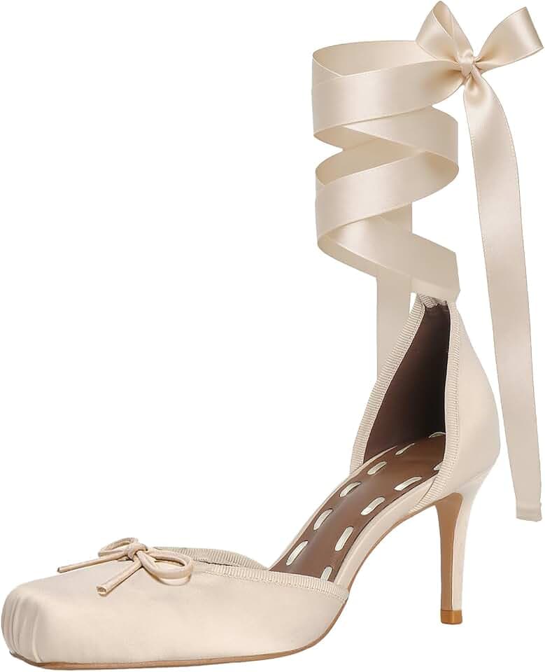 UniqueStride Women Satin Ballet High Heels Lace Up Ankle Strappy Pumps Bow Square Toe Stiletto Ballerina Sandals Mary Janes Elegant Party Dress Shoes