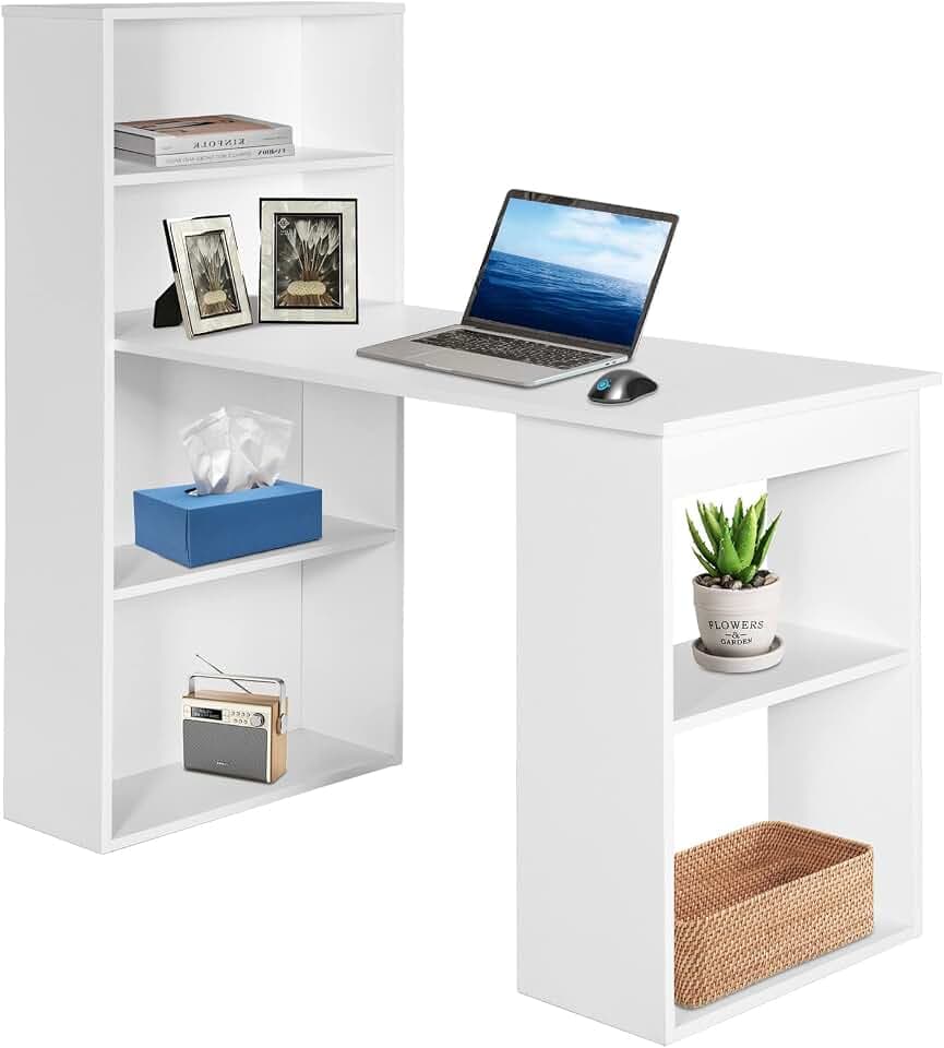 Computer Desk with Bookcase, 48” Modern Writing Table Desk with Storage Shelves and CPU Stand, Reversible Study Workstation for Home Office Bedroom (White)