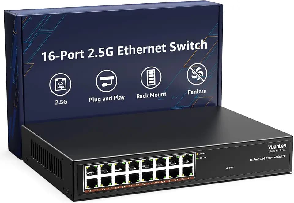 YuanLey 16 Port 2.5GB Unmanaged Ethernet Switch, 16 x 2.5G Base-T Ports, Compatible with 100/1000/2500Mbps, Metal Fanless, Desktop/Rack Mount YuanLey 2.5 Gigabit Network Switch for Wireless AP, PC