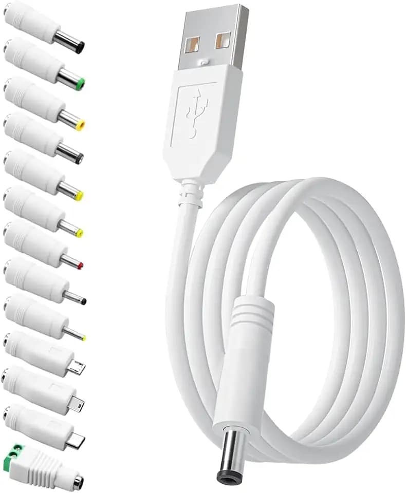 Universal USB to DC 5V Kabel auf Netzkabel 1.5M, 5.5x2.1mm Steckerbuchse Aufladekabel, Multi Stecker USB Kabel auf DC Hohlstecker Adapterkabel 5,5 x 2,1mm zu 13 Steckers für Elektronische Geräte, Weiß