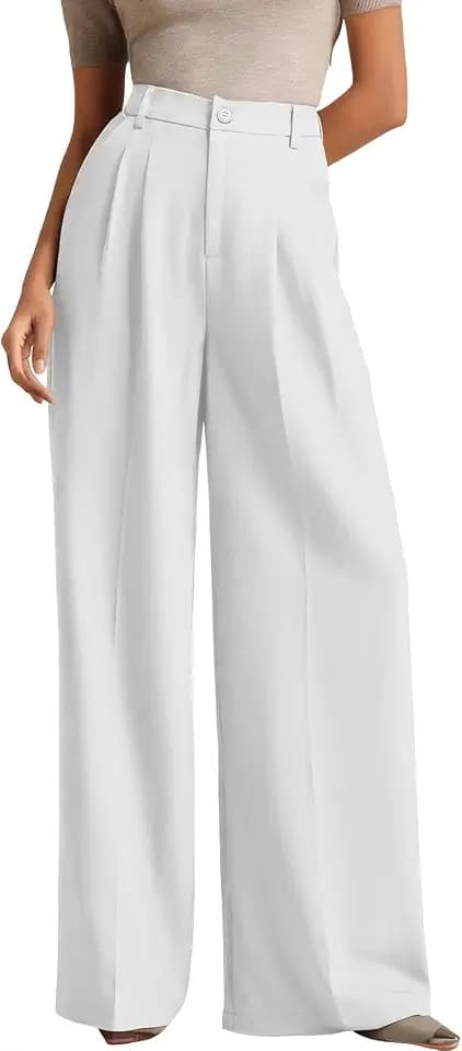 ELLEVEN Work Pants Women Wide Leg Dress Pants Business Casual Palazzo Flowy Trousers Elastic High Waisted Suit Slacks Dressy Office Trousers with Pleats White XX-Large