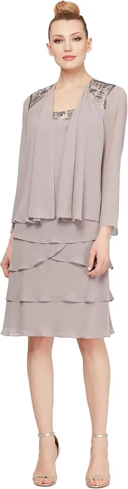 S.L. Fashions Women's Petite Mother of The Bride Jacket Dress with Sequined Cut Out Shoulder