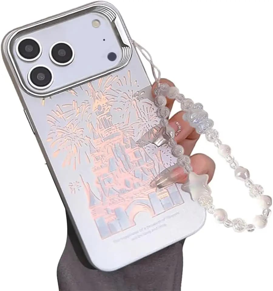 Casechics Compatible with iPhone Case,Cute Laser Glitter Bling Sparkly Castle Wristband Strap Bracelet Chain[Military Drop & Full Body Protection] Shockproof Cover Phone Case (iPhone 17 Pro,Silver)