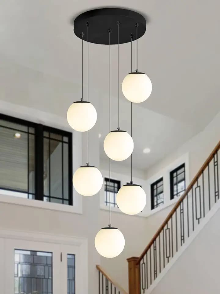 ykolupty 6-Light Black Chandelier with White Globe Glass Dimmable Ceiling Light Glass Pendant Light for Kitchen Island, Dining Room, Living Room, Entry Hallway, LED Bulbs Included