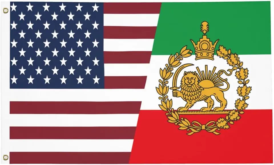 America and Historical Persian Lion and Sun Flag 3x5 FT Vintage Iran Empire Flag Polyester Vivid Color and Double Stitched 2 Brass Grommets for Indoor Outdoor Decor Banner