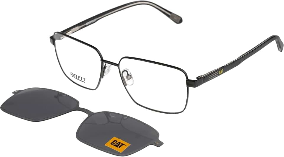 CAT CTSC 0013 Men's Square Eyewear Frame with Magnetic Polarized Sun Clip, Extra Large Fit, 60 mm, Matte Black/Crystal