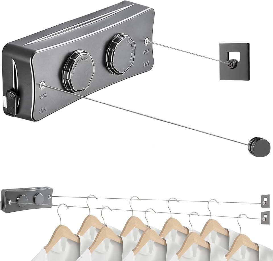 WäScheleine Ausziehbar 2 x 5.1M Edelstahlseil, Wandmontierter Einziehbares Wäscheleine, Wäscheleine Ausziehbar Wand für Balkon Waschküche Hotel Badezimmer Schlafzimmer (Zwei Linien Grau)