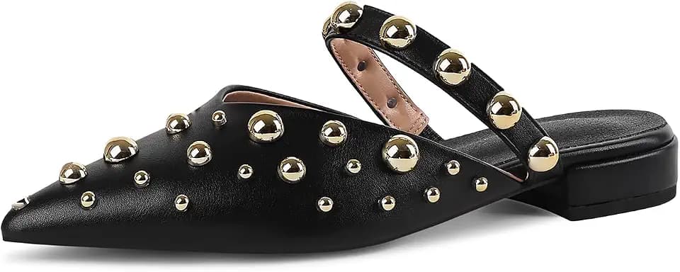 Women's Studded Mules Pointed Toe Strap Slipper Comfortable Flats Shoes