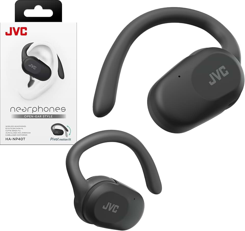JVC nearphones Open Ear True Wireless Kopfhörer mit Pivot Motion Mekanismus, 16 mm großer Treiber-Sound, Einzelohr-Nutzung, BT 5.4, Lange Akkulaufzeit (bis zu 26 Stunden), HANP40TB (Schwarz)