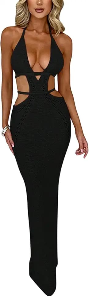 Women's Crochet Halter Maxi Dress Sexy Backless Summer Beach Vacation Dress