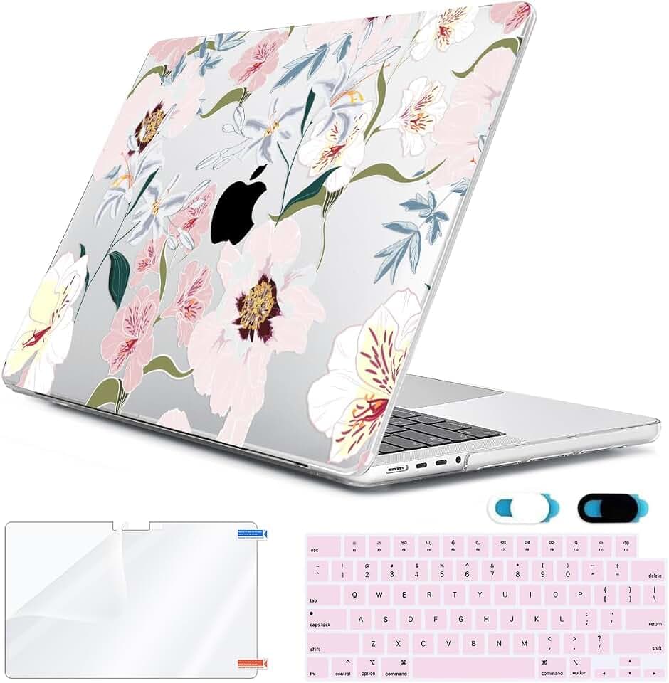 for MacBook Pro 14 inch Case 2026-2021 M5 Pro/Max M4 M3 M2 M1 A3426 A3427 A3434 A3112 A3185 A3401 A2918 A2992 A2779 A2442, Hard Shell with Keyboard Cover&Screen Film&Webcam Cover, Pink Floral