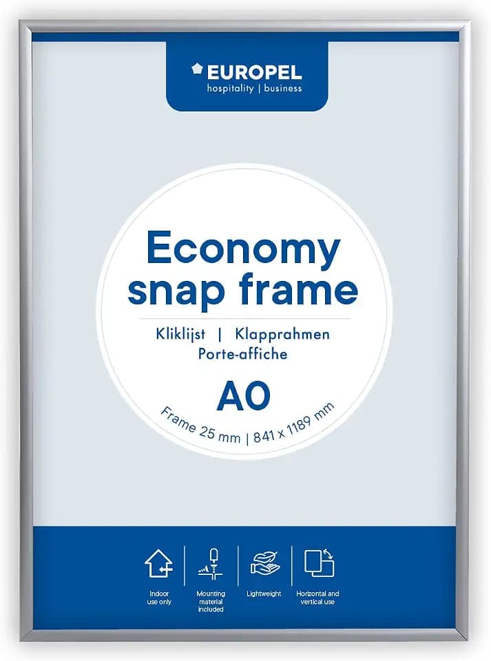 Europel Economy Klapprahmen, A0, Farbe Silber, Profil 25 x 11 mm, für Poster 84,1 x 118,8 cm, eloxiertes Aluminium, Antireflexfolie, Anzeige von Werbung, Hotel, Büro, Restaurant, Speisekarten