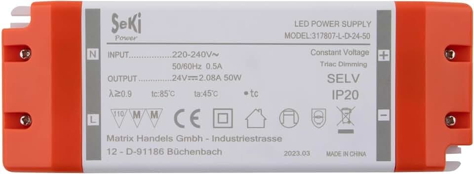 SeKi 24V DC 50W 2,08A Konstantspannungs LED Treiber TRIAC Dimmbar, Transformator, Schaltnetzteil; keine Mindestlast, kein Rauschen/LED-Flimmern, MM Zulassung