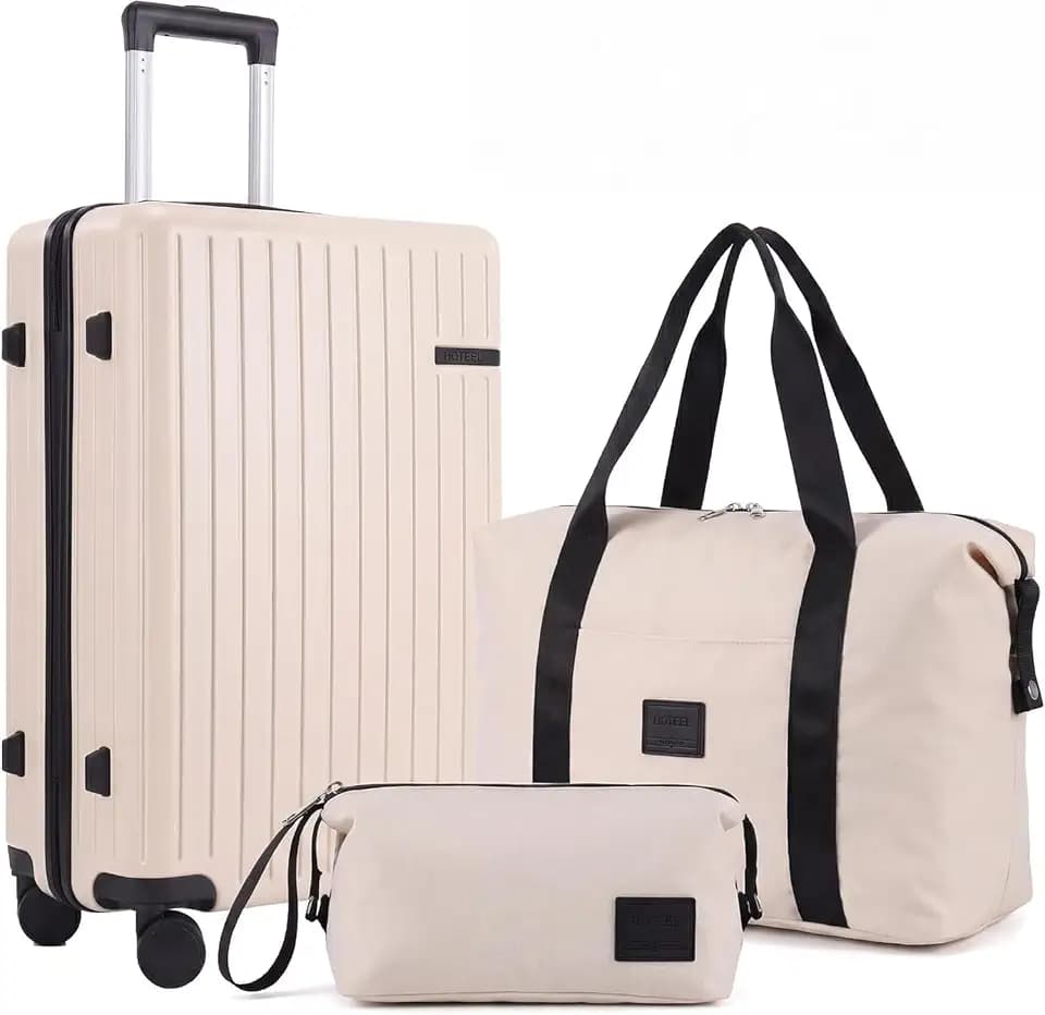 Hoteel luggage Sets 3 Piece Carry on Luaagae Suitcases with Spinner Whells & TSA Lock(4-YEAR WARRANTY), Carry on Suitcase ABS+PC Hard Shell Lightweight Travel Suitcases(20in/DB/TB, Beige)