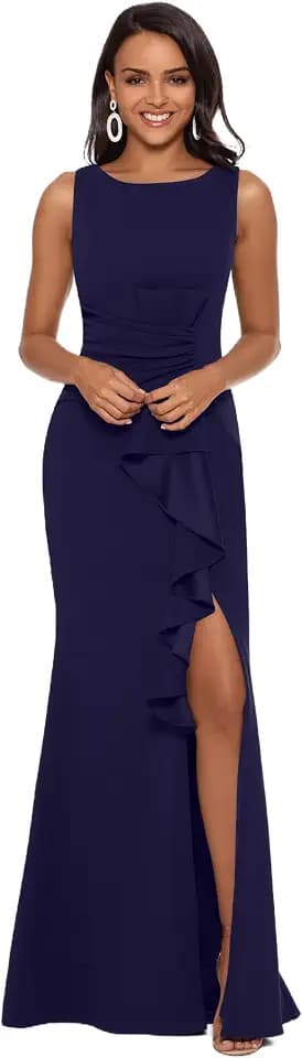 Betsy & Adam Women's Floor Length Metallic Crinkle Knit Sleeveless High Neck Ruched Column Evening Gown