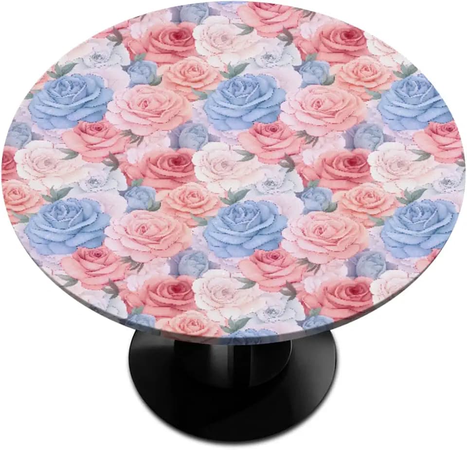 Rose Round Fitted Tablecloth with Elastic Edge Circle Table Cover