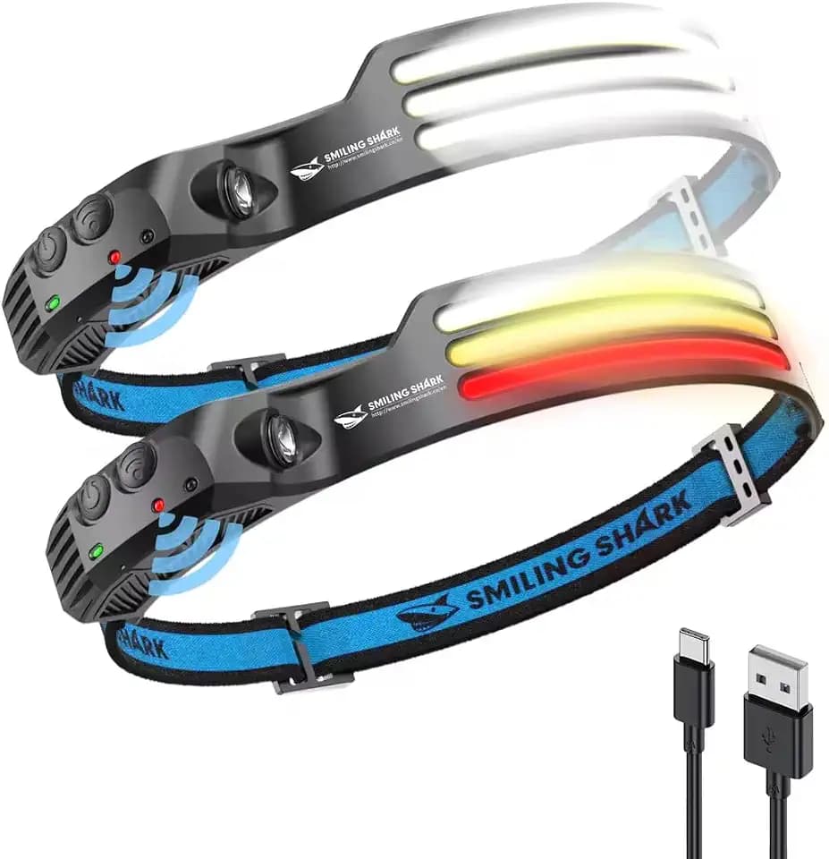 Smiling Shark Stirnlampe, 230°Wide Angle 3*Farben LED-Streifen 2 Stück Headlight Wiederaufladbar mit Wasserdichte Kopflampe Camping Joggen Angeln, Stirnlampe-LED-Headlight-Camping-Kopflampe
