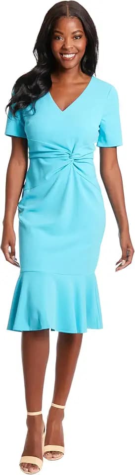 London Times Women's V-Neck Dress - Flounce Hem, Twist Waist, Elegant Office & Event Wear