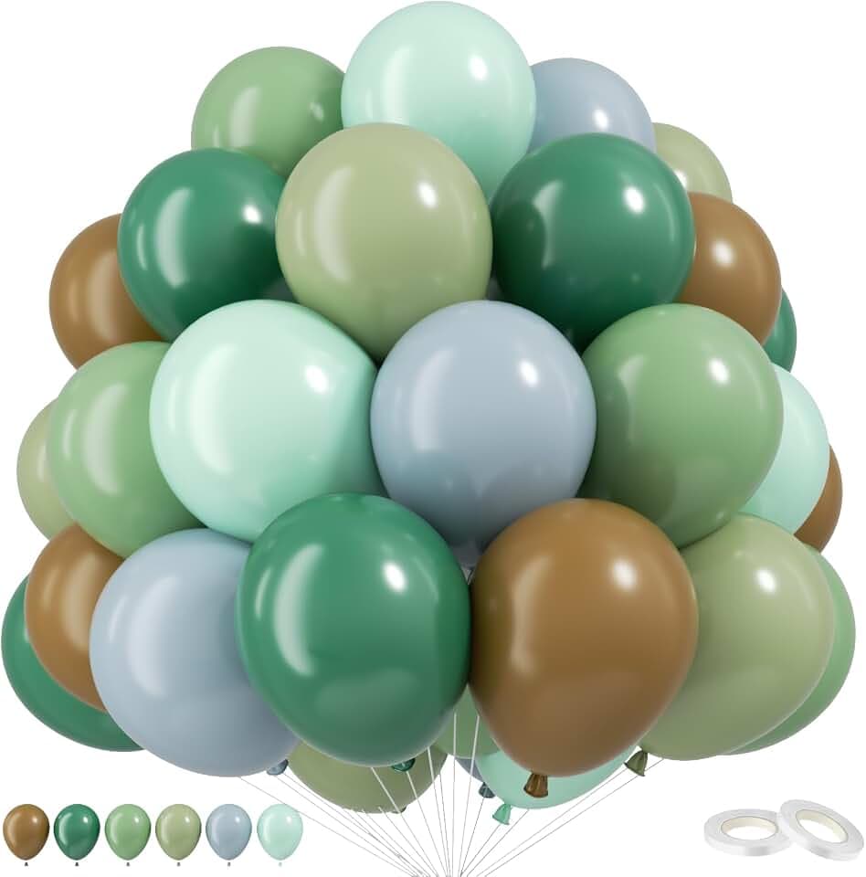 Blue Green Brown Balloons, 12 Inch Sage Pastel Green Balloon Dusty Blue Balloon for Dinosaur Woodland, Jungle Theme Birthday, Dino Baby Shower Decorations