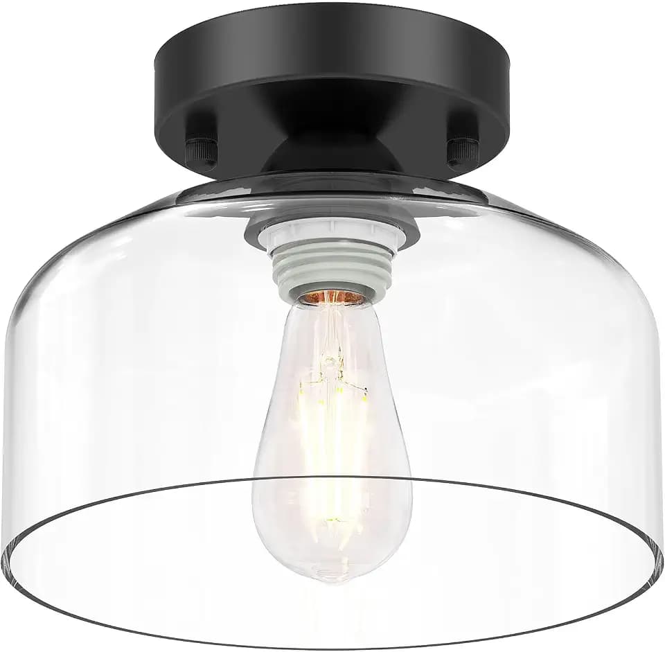 LACCEN Semi Flush Mount Ceiling Light - Clear Glass Pendant Lamp Shade, Matte Black Finish, Modern Farmhouse Light Fixture for Hallway Corridor Kitchen Entryway Bedroom, Bulb Not Included