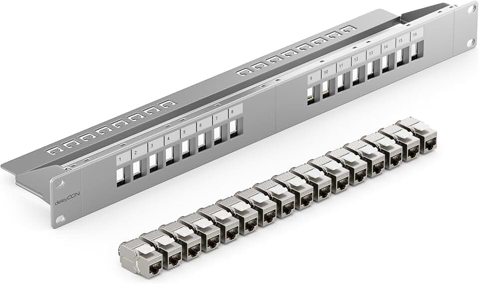deleyCON 16 Port Patchpanel Set Patchfeld CAT6a 1 HE 19 Zoll - Grau