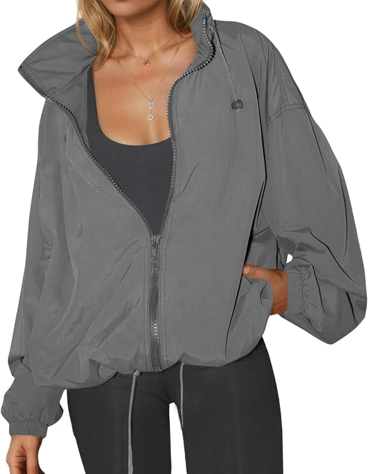 Yousify Womens Light Rain Jackets Zip Up Hooded Windbreaker with Pockets