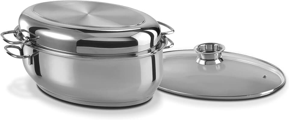 GSW Multibräter 3-in-1 – hochwertiger Bräter mit 2 Deckeln, ideal zum Schmoren, Dünsten und Braten, auch für Induktion und Backofen – Edelstahl, rostfrei, 8,5 Liter, Silber
