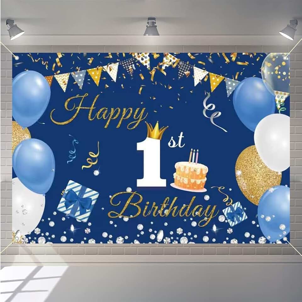1st Birthday Decorations Happy 1st Birthday Backdrop Party Banner for Boys/Girls Happy 1 Year Old Fabric Sign Poster, Blue Photography Background First Birthday Party Supplies, 59"x35.4"
