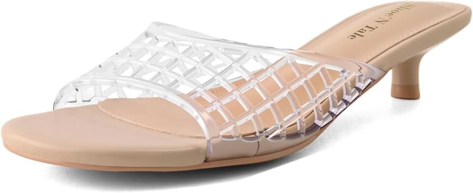Shoe'N Tale Clear Heels for Women Kitten Low Heel Slides Sandals Round Open Toe Mesh Slip-On Mules