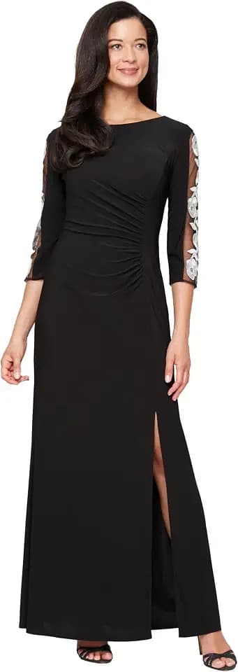 S.L. Fashions Women's Long Length Ruched Waist Formal Evening Dress with Beaded Illusion Sleeves (Petite and Regular Sizes)