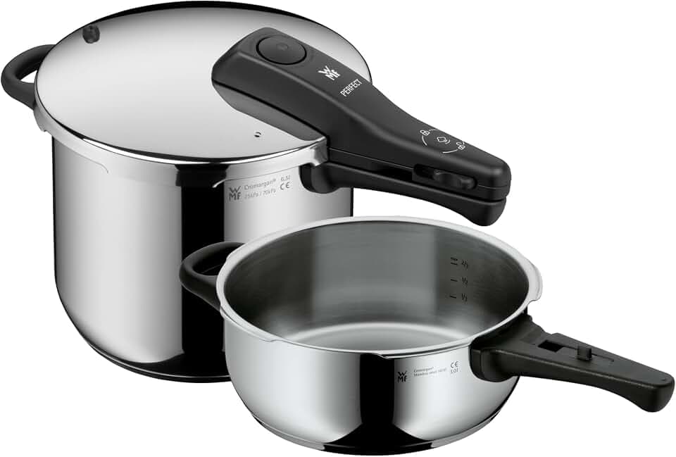 WMF Perfect One Pot Schnellkochtopf Set Induktion 2-teilig, Dampfkochtopf 6,5l, 3l, großes Kochsignal, 2 Kochstufen, abnehmbarer Deckelgriff, Edelstahl