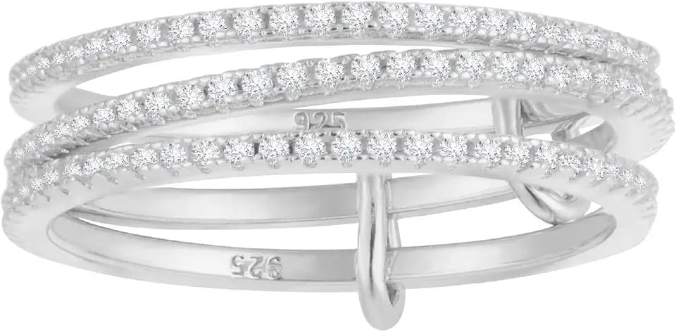 espere Rhodium Plated Sterling Silver Dainty Three Band Ring | Women's CZ Triple Eternity Ring | Thin Wedding Band for Stacking