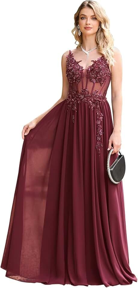 Misshow Luxuriöses Abendkleid für Zeremonie, lang, Pailletten, Perlen, mit Applikationen aus floralem Chiffon