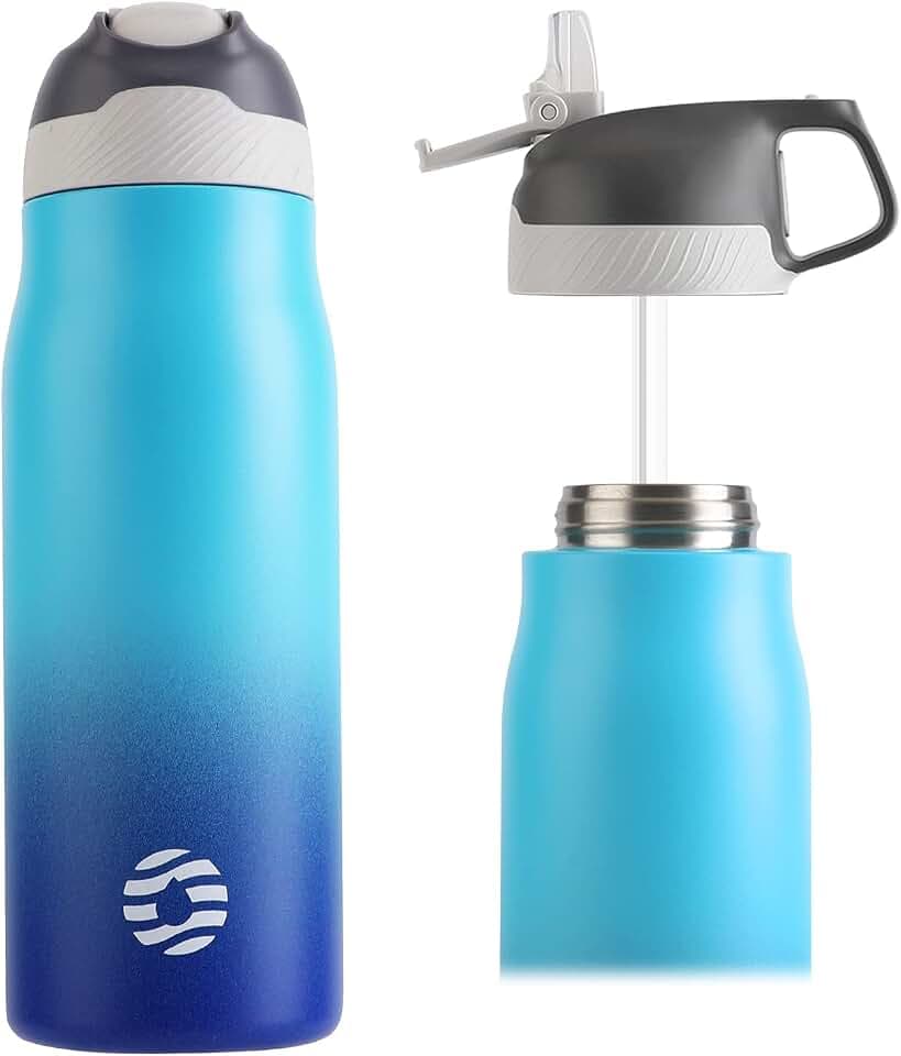 FEIJIAN FJbottle Water Bottle with Brush-710ml Insulated Stainless, Blue & Navy Blue
