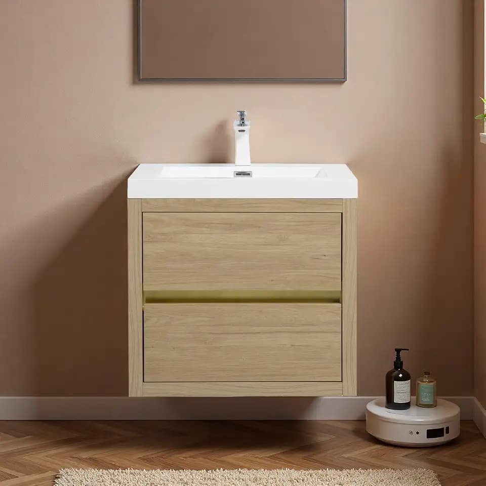 24" Bathroom Vanity with Sink, Floating Vanity with Resin Countertop & 2 U-Shaped Interiors, Wall-Mounted Bathroom Storage Cabinet with Soft-Close Drawers for Home, Easy to Clean, Natural Oak
